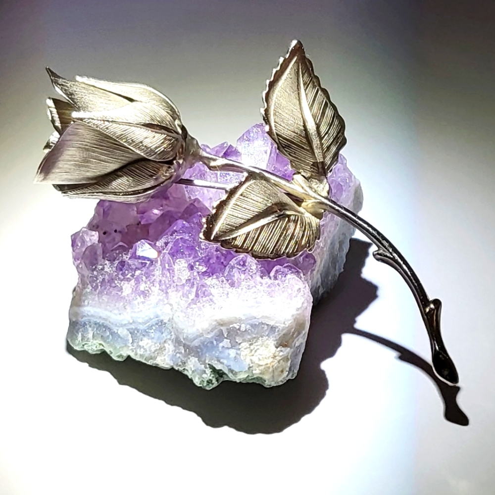 Vintage Giovanni signed rose brooch silver ton